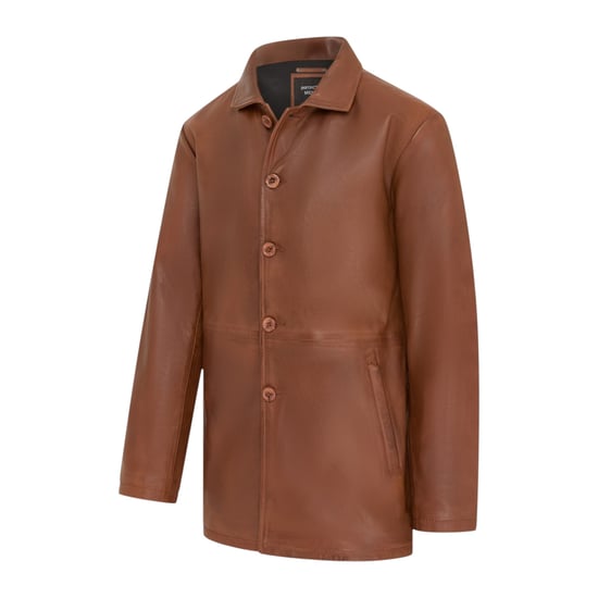 Men's Tan Leather Long Collared Car Coat Jacket - Berry - Image 3