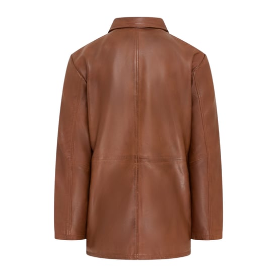 Men's Tan Leather Long Collared Car Coat Jacket - Berry - Image 4