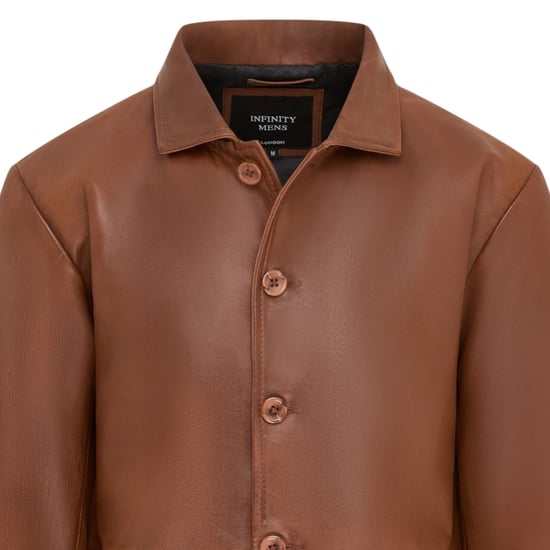 Men's Tan Leather Long Collared Car Coat Jacket - Berry - Image 5