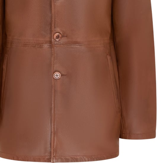 Men's Tan Leather Long Collared Car Coat Jacket - Berry - Image 6