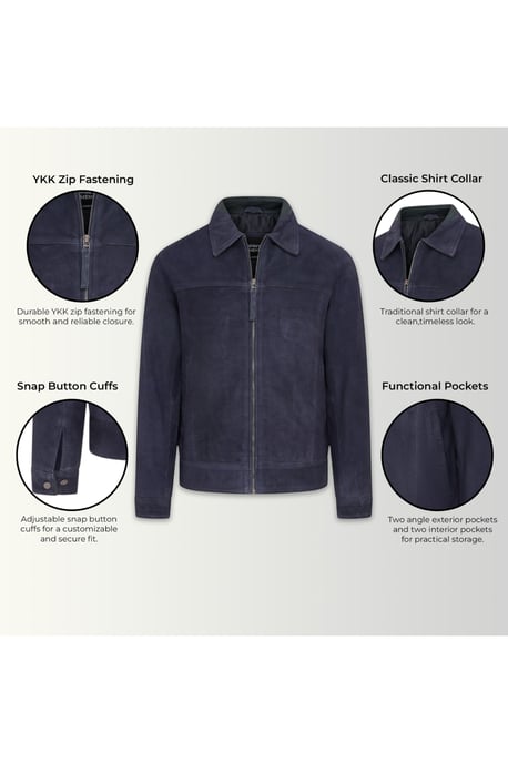 Mens Navy Goat Suede Leather Harrington Biker Jacket - Ridge - Image 4