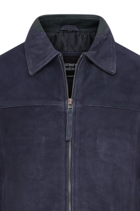 Mens Navy Goat Suede Leather Harrington Biker Jacket - Ridge - Image 6