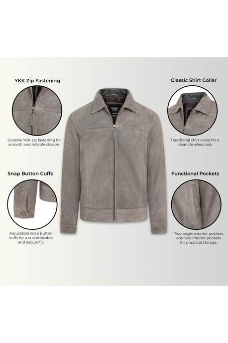 Mens Stone Goat Suede Leather Harrington Biker Jacket - Ridge - Image 4