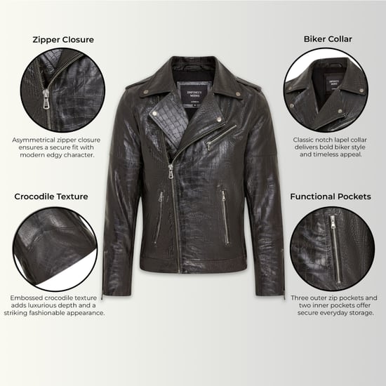 Mens Black Cow Leather Alligator Print Embossed Biker Jacket - Rot - Image 2