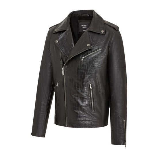 Mens Black Cow Leather Alligator Print Embossed Biker Jacket - Rot - Image 3