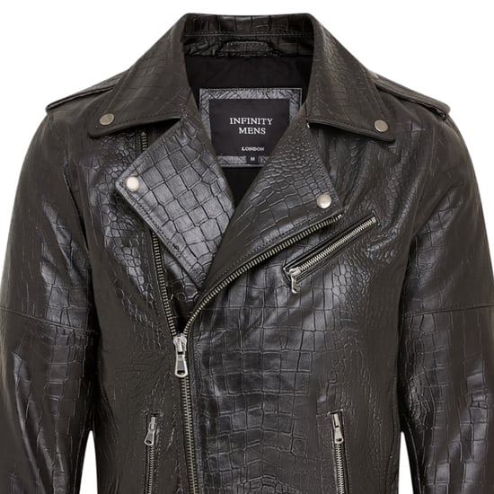 Mens Black Cow Leather Alligator Print Embossed Biker Jacket - Rot - Image 5