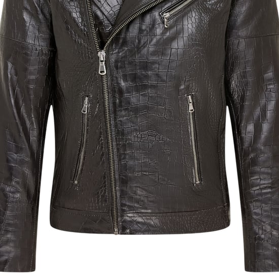 Mens Black Cow Leather Alligator Print Embossed Biker Jacket - Rot - Image 6