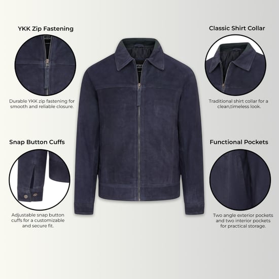 Mens Navy Goat Suede Leather Harrington Biker Jacket - Berlin - Image 2