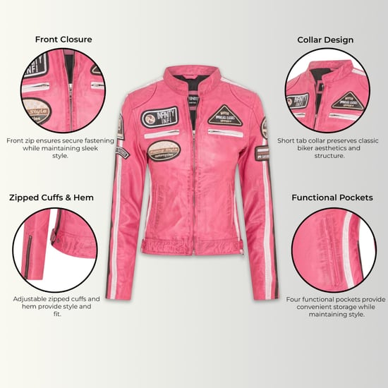 Womens Biker Racing Badges Fuschia Leather Jacket-Eastleigh - Image 2