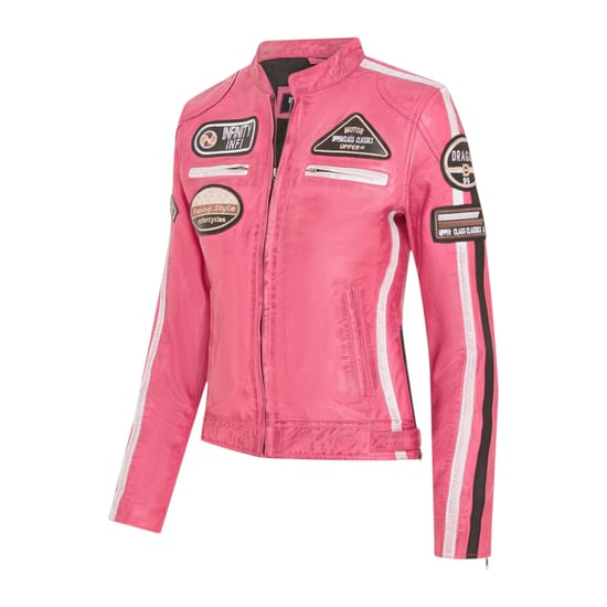 Womens Biker Racing Badges Fuschia Leather Jacket-Eastleigh - Image 3