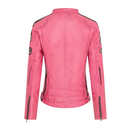 Womens Biker Racing Badges Fuschia Leather Jacket-Eastleigh - Image 4