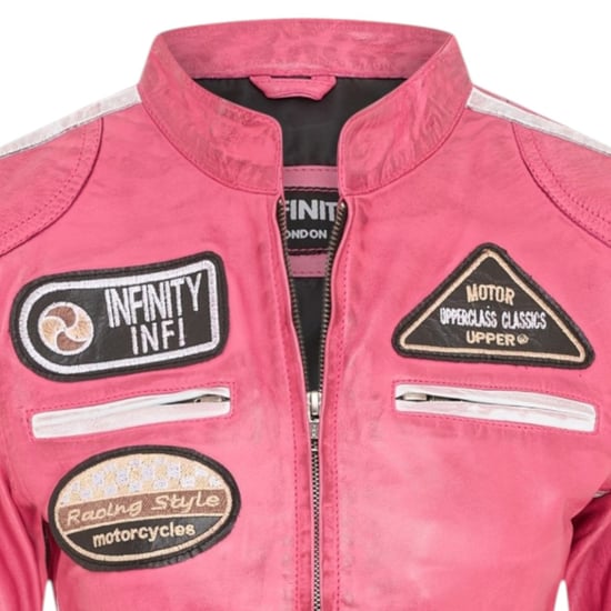 Womens Biker Racing Badges Fuschia Leather Jacket-Eastleigh - Image 5