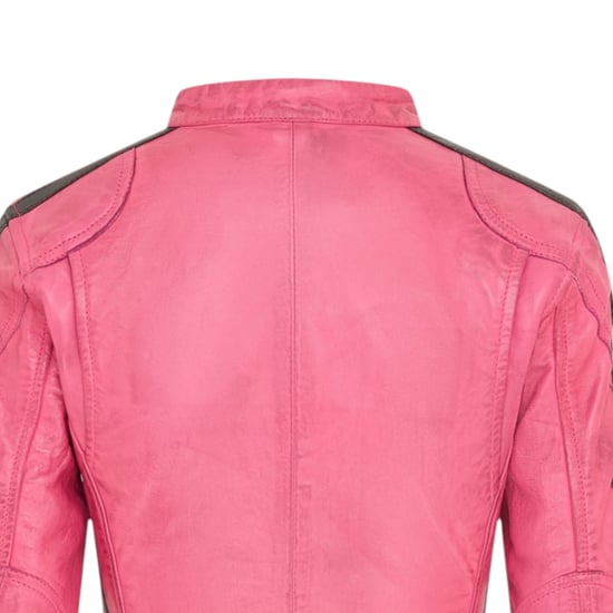 Womens Biker Racing Badges Fuschia Leather Jacket-Eastleigh - Image 6