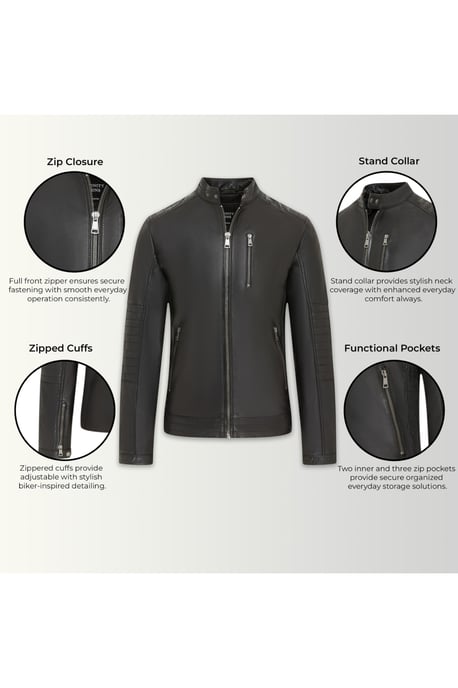 Men's Quilted Black Lamb Leather Biker Jacket - Raven - Image 4