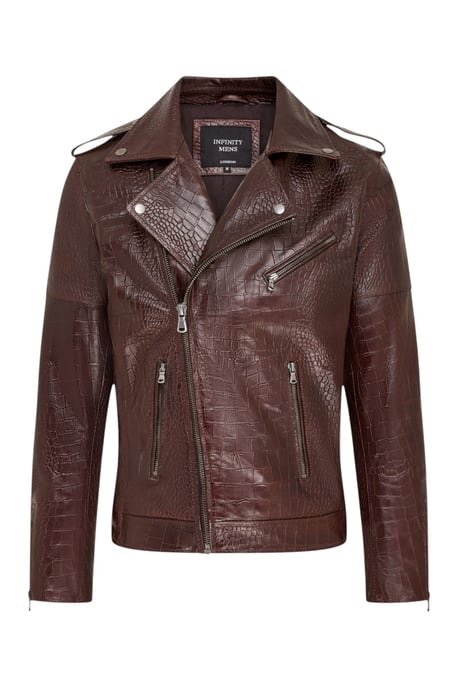 Mens Brown Cow Leather Alligator Print Embossed Biker Jacket - Forge - Image 2