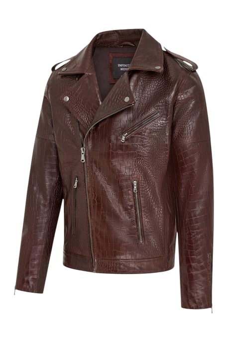 Mens Brown Cow Leather Alligator Print Embossed Biker Jacket - Forge - Image 3