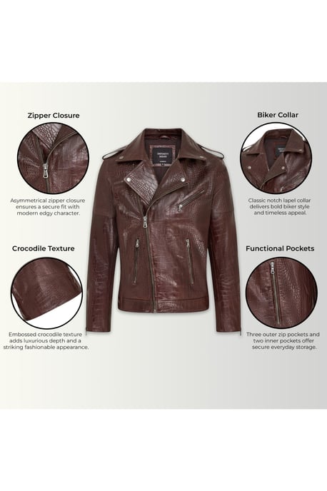Mens Brown Cow Leather Alligator Print Embossed Biker Jacket - Forge - Image 4