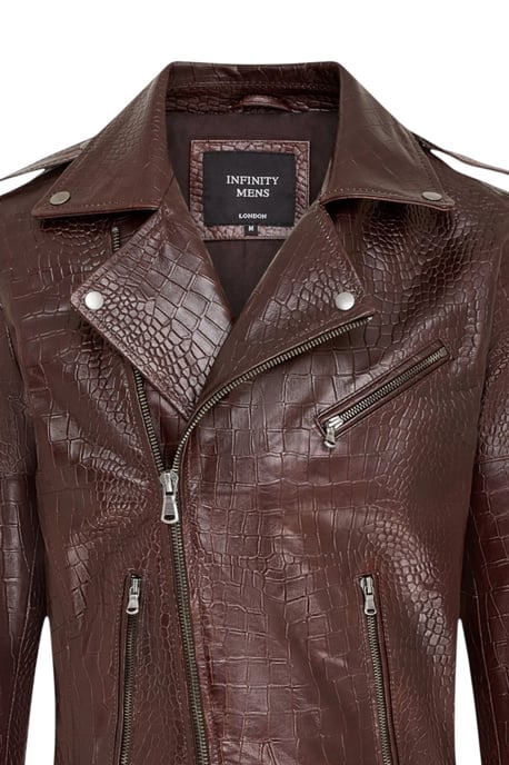 Mens Brown Cow Leather Alligator Print Embossed Biker Jacket - Forge - Image 6
