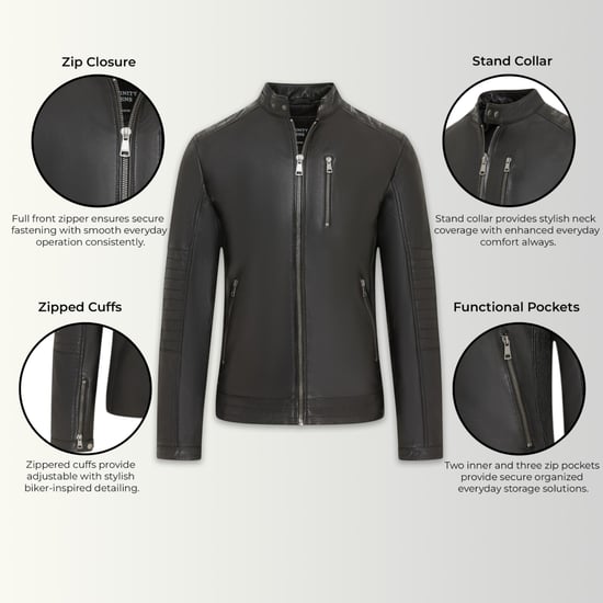 Men's Quilted Black Lamb Leather Biker Jacket - Stavanger - Image 3
