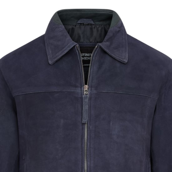 Mens Navy Goat Suede Leather Harrington Biker Jacket - Bursa - Image 6