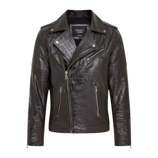 Mens Black Cow Leather Alligator Print Embossed Biker Jacket - Cologne - Image 2