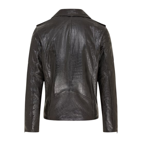 Mens Black Cow Leather Alligator Print Embossed Biker Jacket - Cologne - Image 5