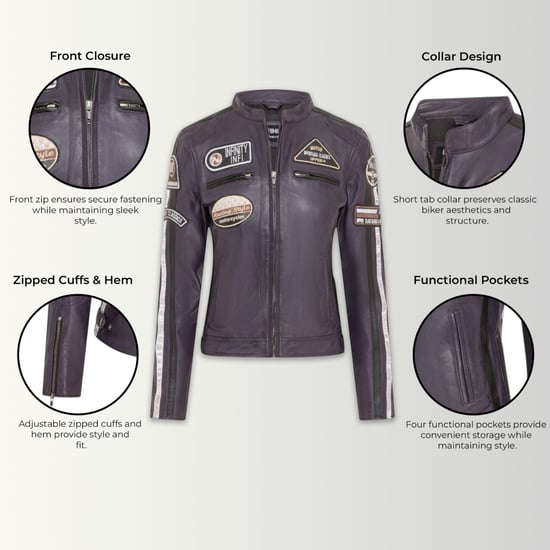 Womens Biker Racing Badges Purple Leather Jacket-Eastleigh - Image 2