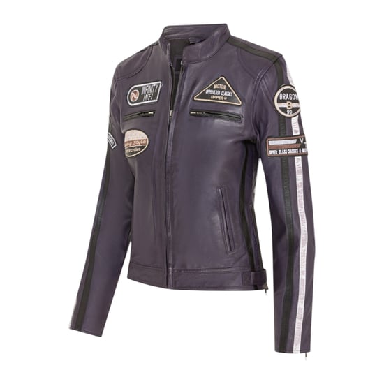 Womens Biker Racing Badges Purple Leather Jacket-Eastleigh - Image 3
