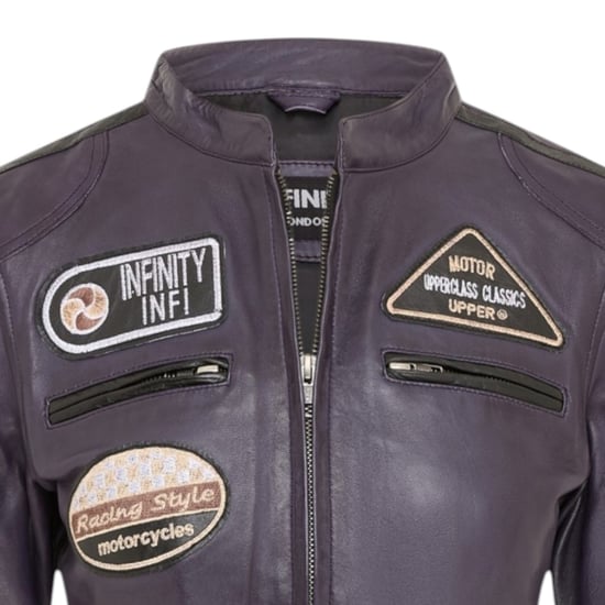 Womens Biker Racing Badges Purple Leather Jacket-Eastleigh - Image 5