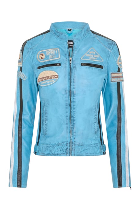 Dames Biker Racing Badges Blauw Leren Jas-Esdoorn - Image 2
