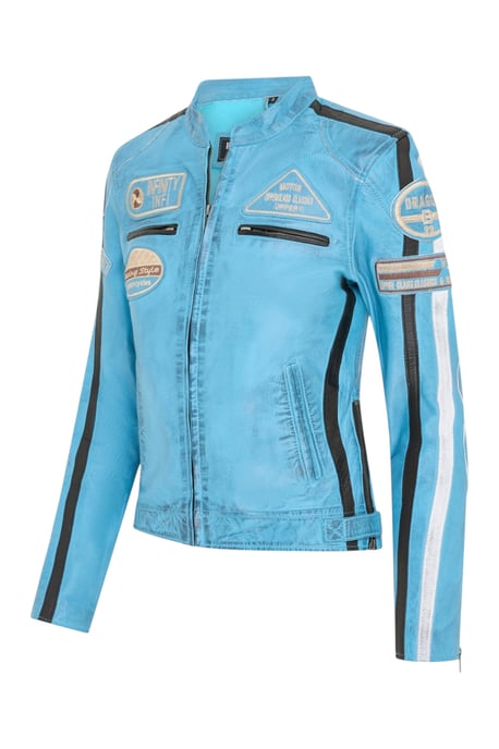Dames Biker Racing Badges Blauw Leren Jas-Esdoorn - Image 3