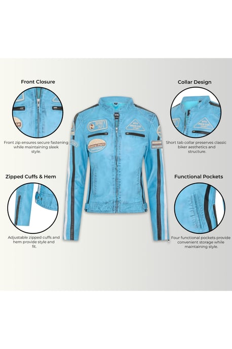 Dames Biker Racing Badges Blauw Leren Jas-Esdoorn - Image 4