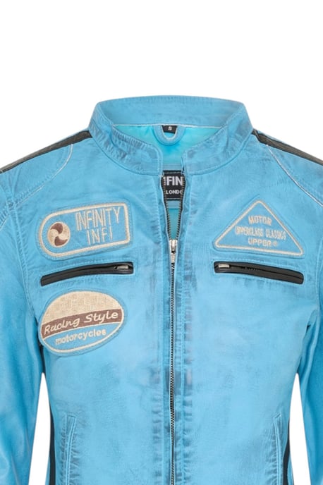 Dames Biker Racing Badges Blauw Leren Jas-Esdoorn - Image 6