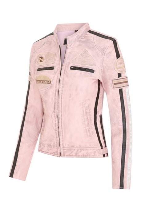 Dames Biker Racing Badges Roze Leren Jas-Esdoorn - Image 3