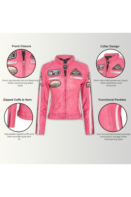Dames Biker Racing Badges Fuchsia, Leren Jasje-esdoorn, - Image 4