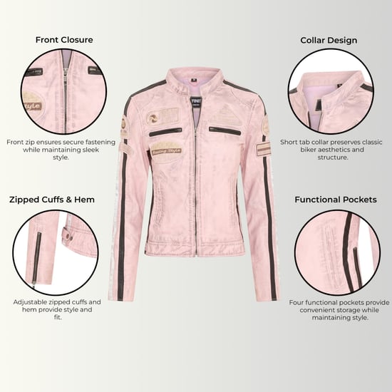 Dames Biker Racing Badges Roze Leren Jas-Eastleigh - Image 2