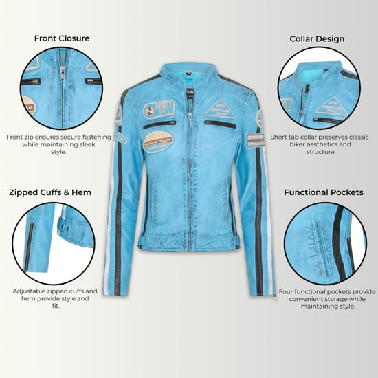 Dames Biker Racing Badges Blauw Leren Jasje-Eastleigh - Image 2