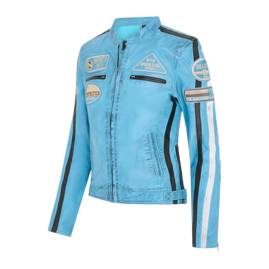 Dames Biker Racing Badges Blauw Leren Jasje-Eastleigh - Image 3