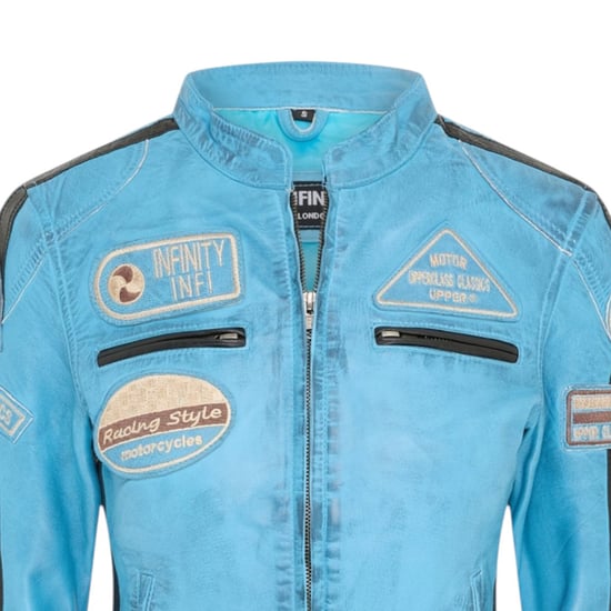 Dames Biker Racing Badges Blauw Leren Jasje-Eastleigh - Image 5