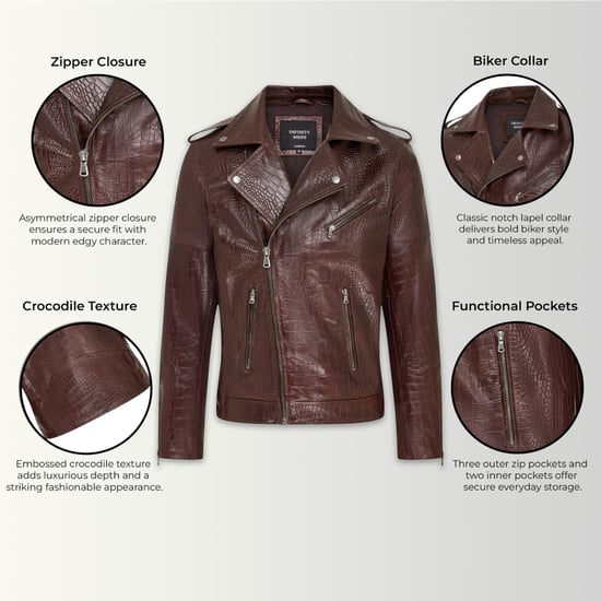 Mens Brown Cow Leather Alligator Print Embossed Biker Jacket - Rot - Image 2