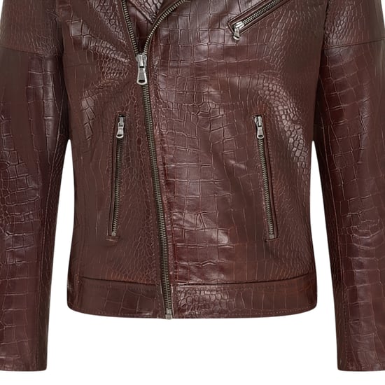 Mens Brown Cow Leather Alligator Print Embossed Biker Jacket - Rot - Image 6