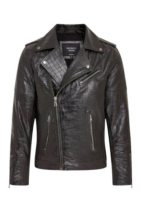 Mens Black Cow Leather Alligator Print Embossed Biker Jacket - Forge - Image 2