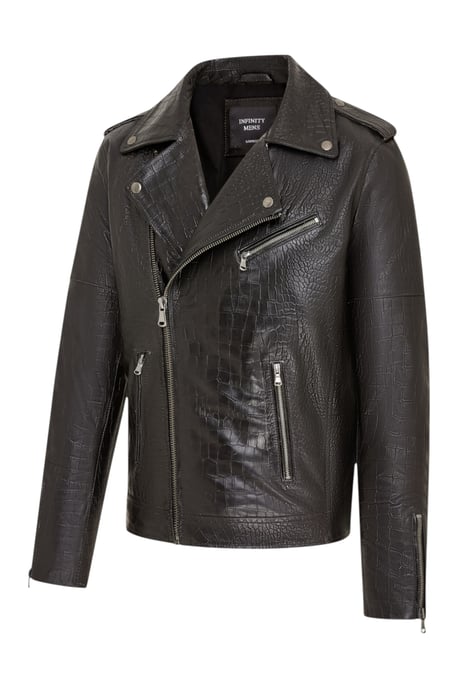 Mens Black Cow Leather Alligator Print Embossed Biker Jacket - Forge - Image 3
