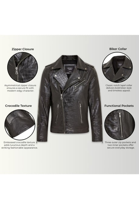 Mens Black Cow Leather Alligator Print Embossed Biker Jacket - Forge - Image 4