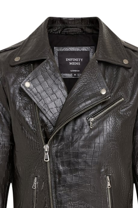 Mens Black Cow Leather Alligator Print Embossed Biker Jacket - Forge - Image 6