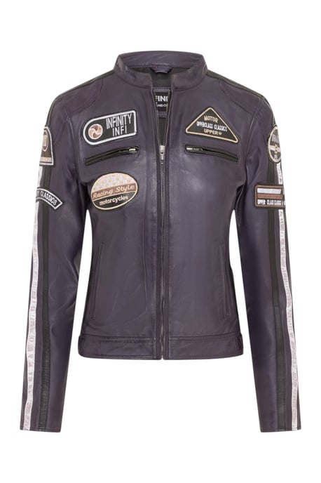 Dames Biker Racing Badges Paarse Leren Jas-Esdoorn - Image 2