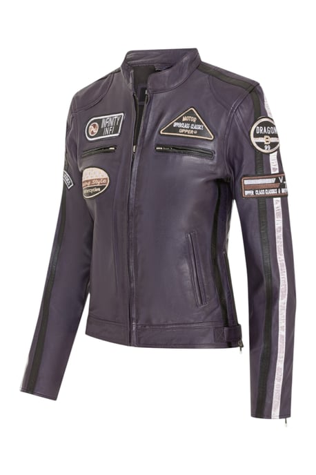 Dames Biker Racing Badges Paarse Leren Jas-Esdoorn - Image 3