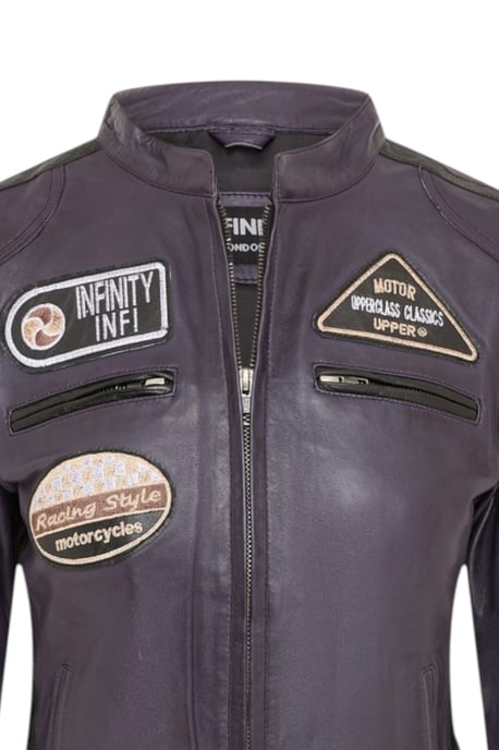 Dames Biker Racing Badges Paarse Leren Jas-Esdoorn - Image 6