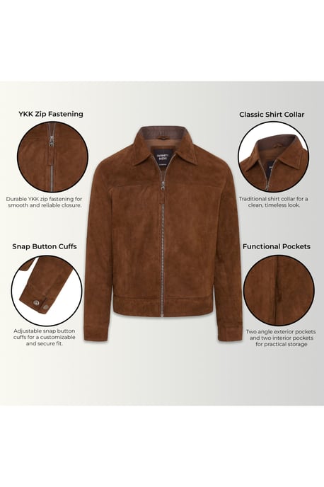 Mens Brown Goat Suede Leather Harrington Biker Jacket - Ridge - Image 4