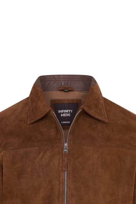 Mens Brown Goat Suede Leather Harrington Biker Jacket - Ridge - Image 6